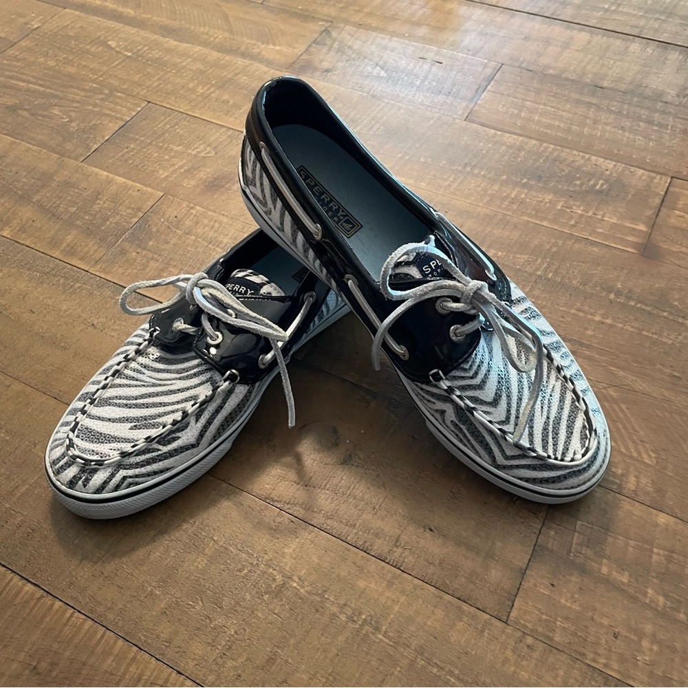 Women’s sequined zebra print boat shoe
